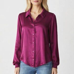 Michael Stars Meredith Satin Button Down Shirt Berry Magenta Purple Size L New